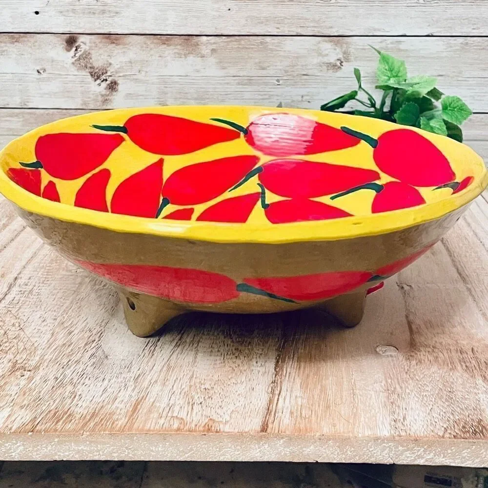 NWT Mexican Pottery Art 9.5” Hand Painted Footed Yellow Chili Pepper Salsa Bowl